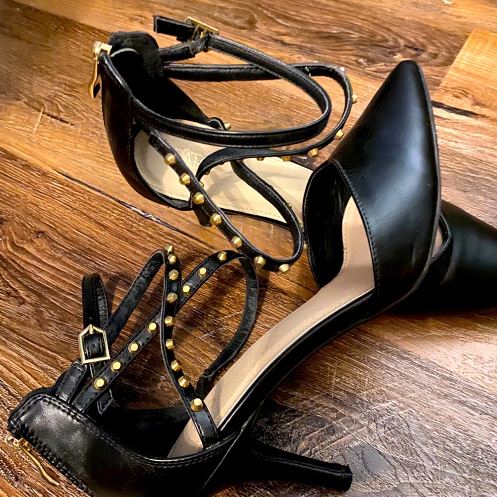 Black sexy heels, gold studs, size 11